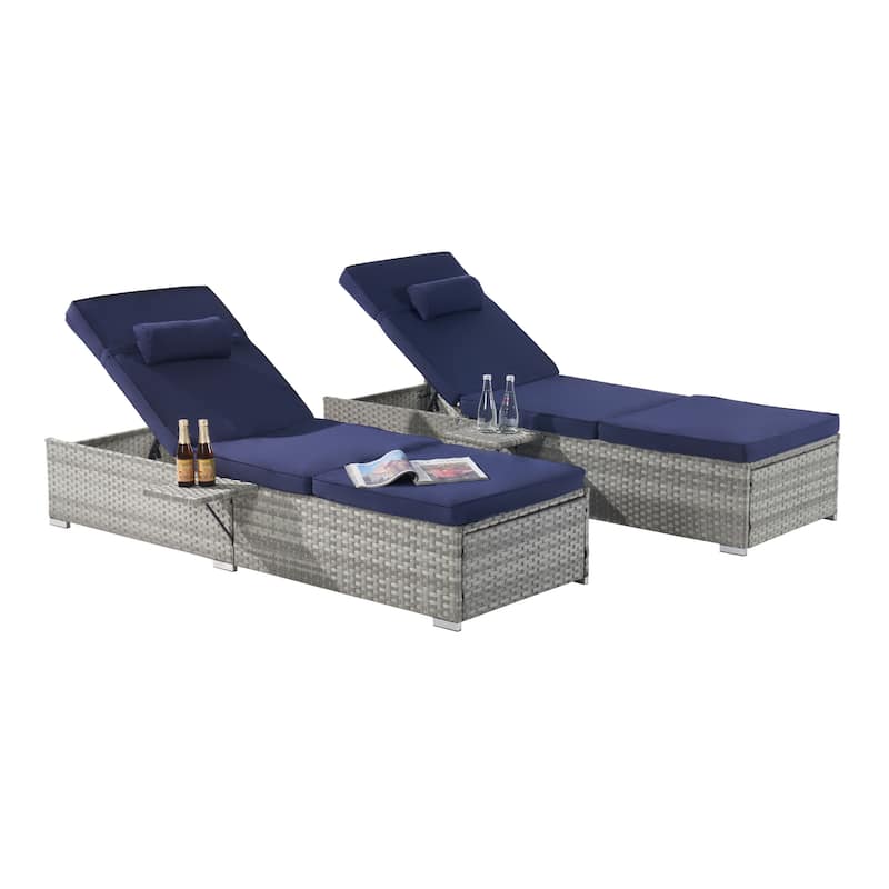 Set of 2 Outdoor Rattan Chaise Lounge with Adjustable Backrest