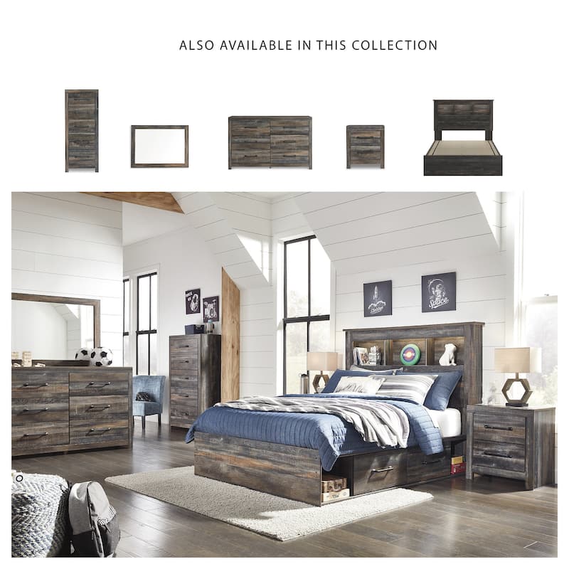 Drystan Rustic Brown Bookcase Bed with 2 Under Bed Storage Drawers