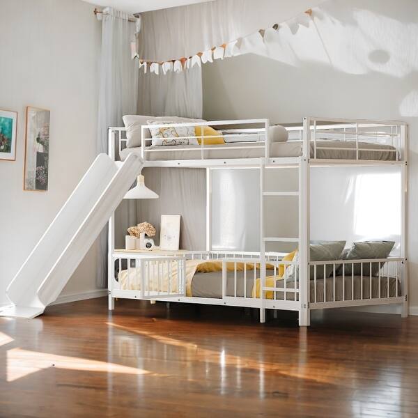 slide 2 of 31, Kids Metal Bunk Bed with Slide and Funny Guardrails White - Twin