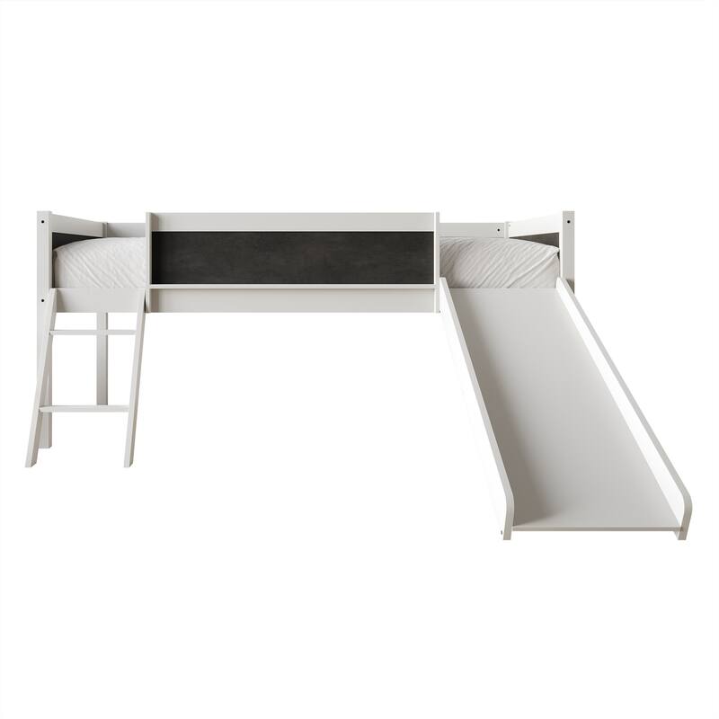 CraftPorch Classic Twin Low Loft Bed with Chalkboard, Slide and Ladder - White