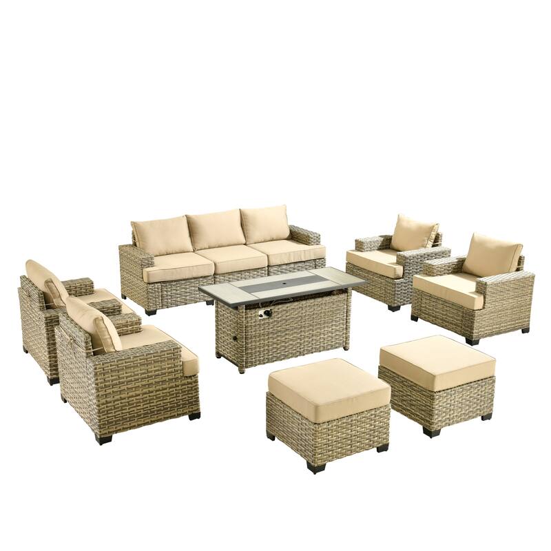 HOOOWOOO 10-piece Outdoor Wicker Wide Arm Patio Furniture Set with Fire Pit