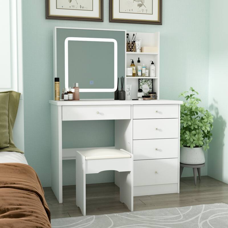 Makeup Vanity Set with Stool and 3 Color Touching Mirror Dresser Table - 39.4"W