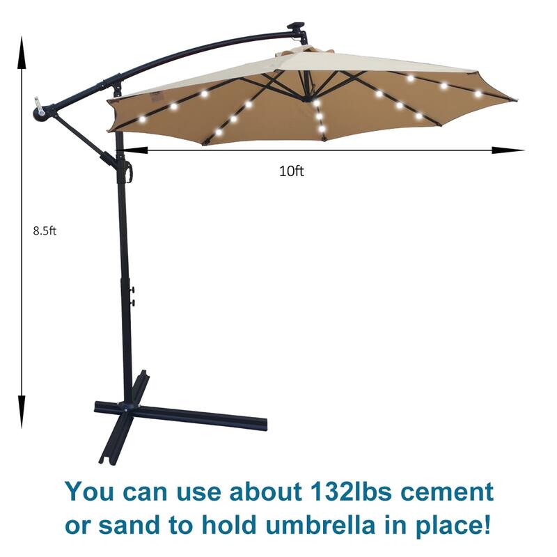 Outdoor Patio Umbrella Solar Powered LED Lighted Sun Shade Market Waterproof 8 Ribs Umbrella with Crank and Cross Base