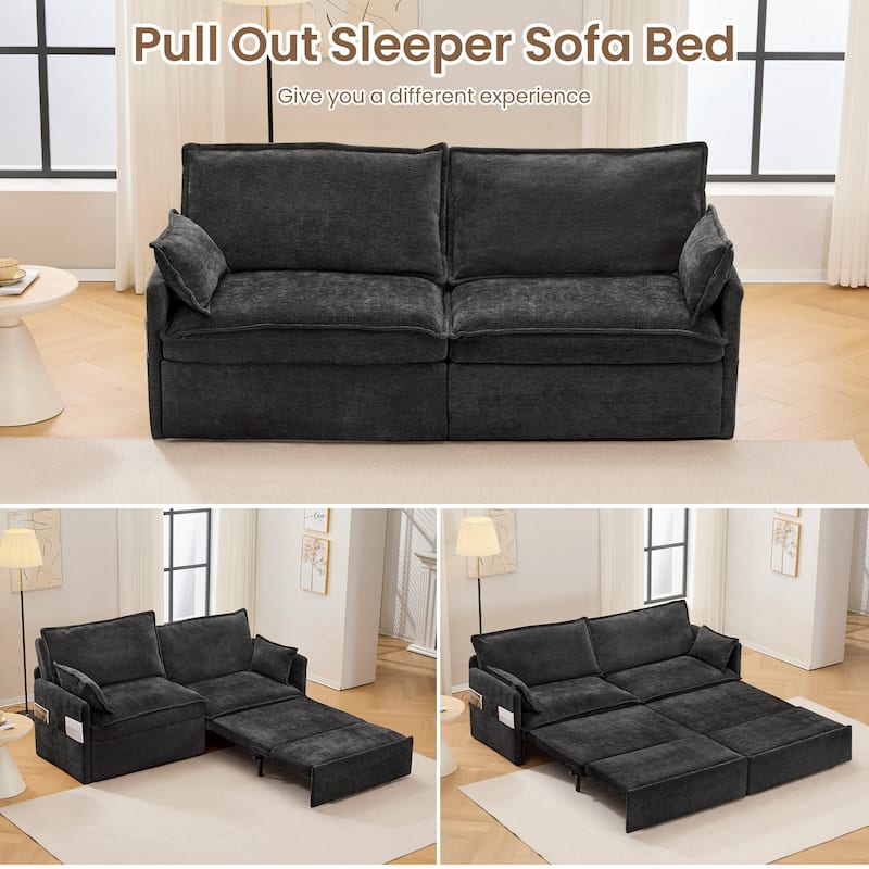 Convertible Sofa Bed, Sleeper Loveseat Pull Out Couch Bed, 3 in 1 Corduroy Couch with Side Pockets, USB/C-TYPE Ports