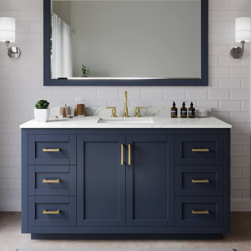 Wyndham Collection WCF292960S-QTZ-US3M58 Miranda 60" Free Standing - Dark Blue / Giotto Quartz Top / Brushed Gold