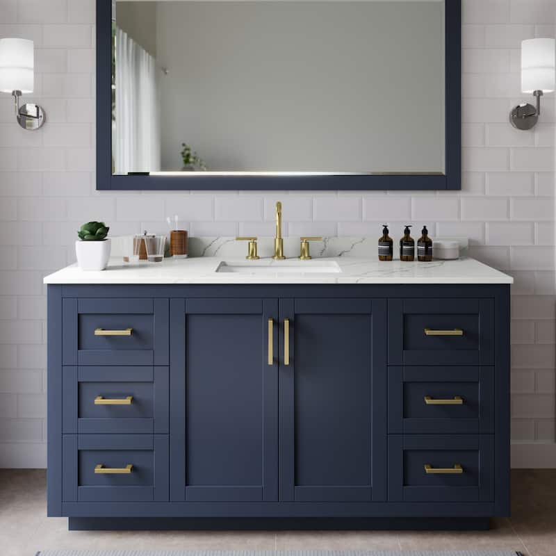 Wyndham Collection WCF292960S-QTZ-US3MXX Miranda 60" Free Standing - Dark Blue / Giotto Quartz Top / Brushed Gold