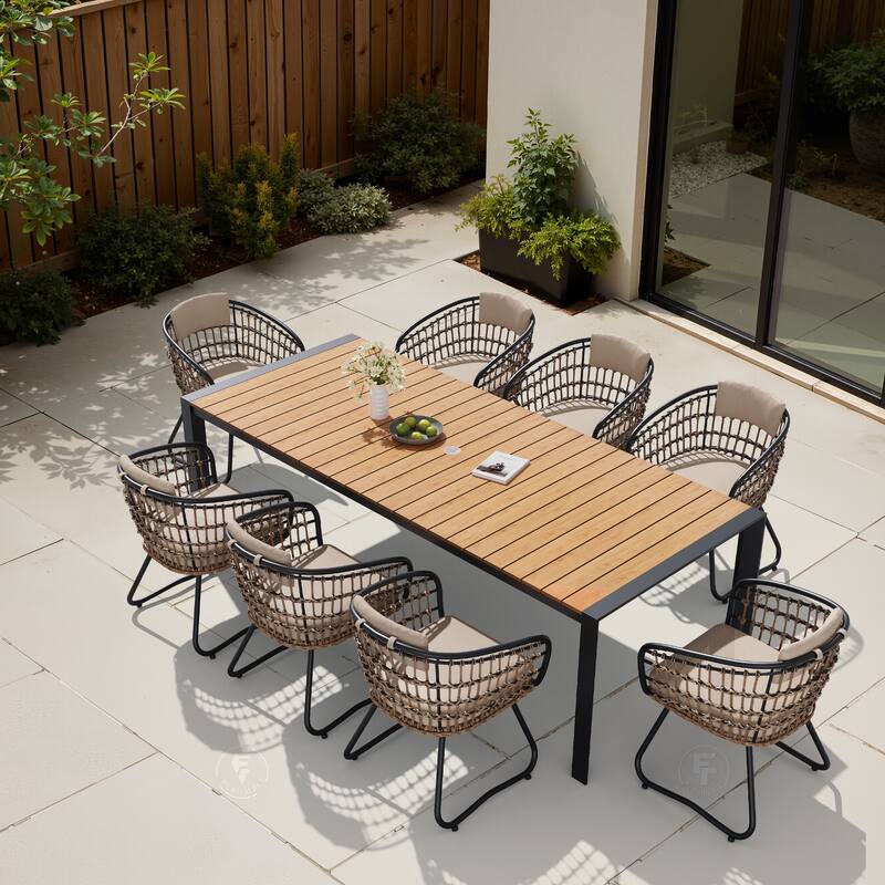 9-Piece Outdoor Patio Dining Set Wood Like Table Top Aluminum Rectangular Umbrella Hole Table with PE Rattan Chairs - BrownTable&BeigeChairs