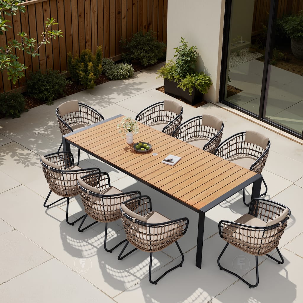 9-Piece Outdoor Patio Dining Set Wood Like Table Top Aluminum Rectangular Umbrella Hole Table with PE Rattan Chairs