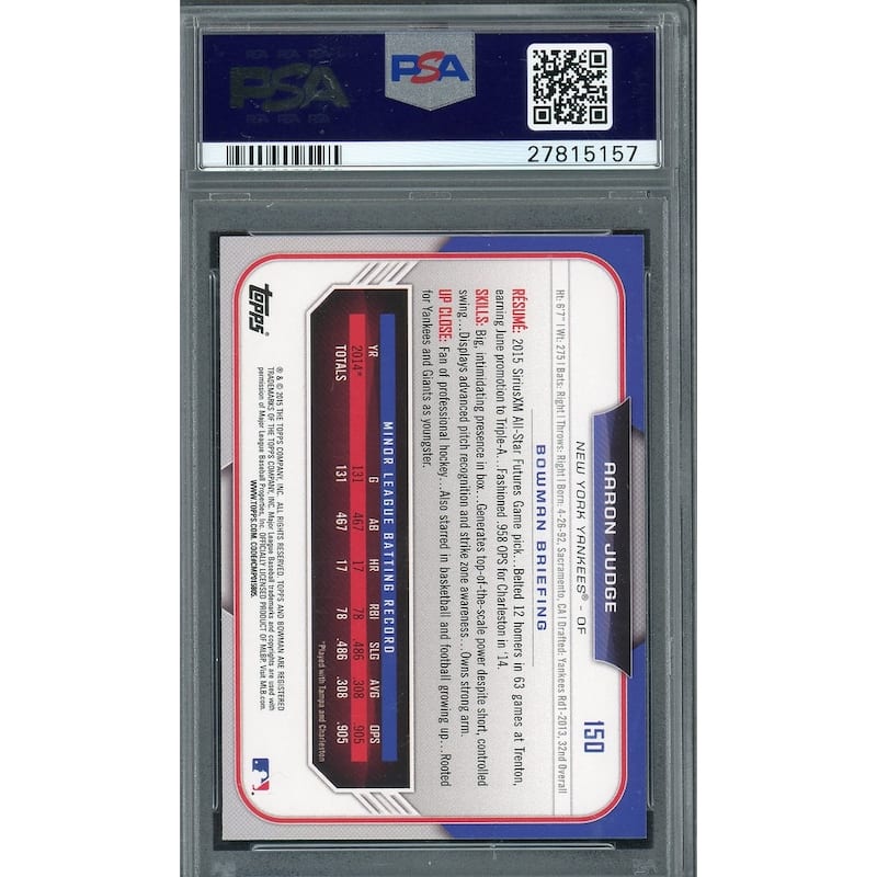 Aaron Judge 2015 Bowman Draft Baseball Rookie Card #150 Graded PSA 10 - 8'6" x 11'6"