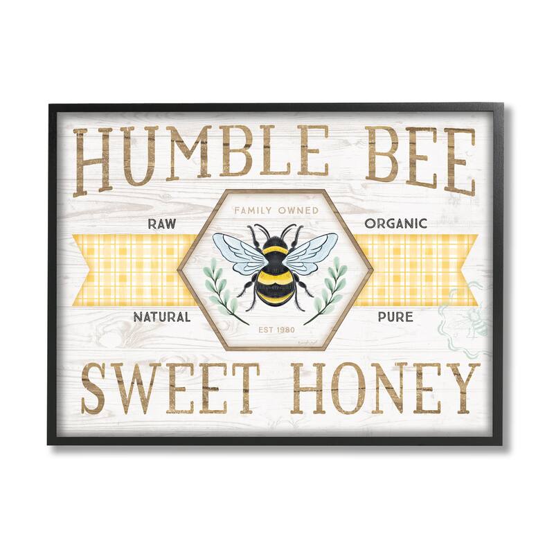 Stupell Sweet Honey Bumble Bee Sign Country Tartan Banner Framed Wall Art, Design by Jennifer Pugh - 20 x 16 - Black