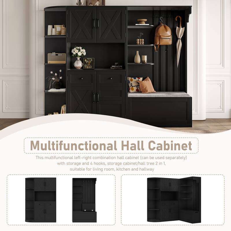 2-in-1 Hall Tree & Storage Cabinet for Living Room, Multifunctional Left-Right Combination Hall Cabinet with Bench and 4 Hooks