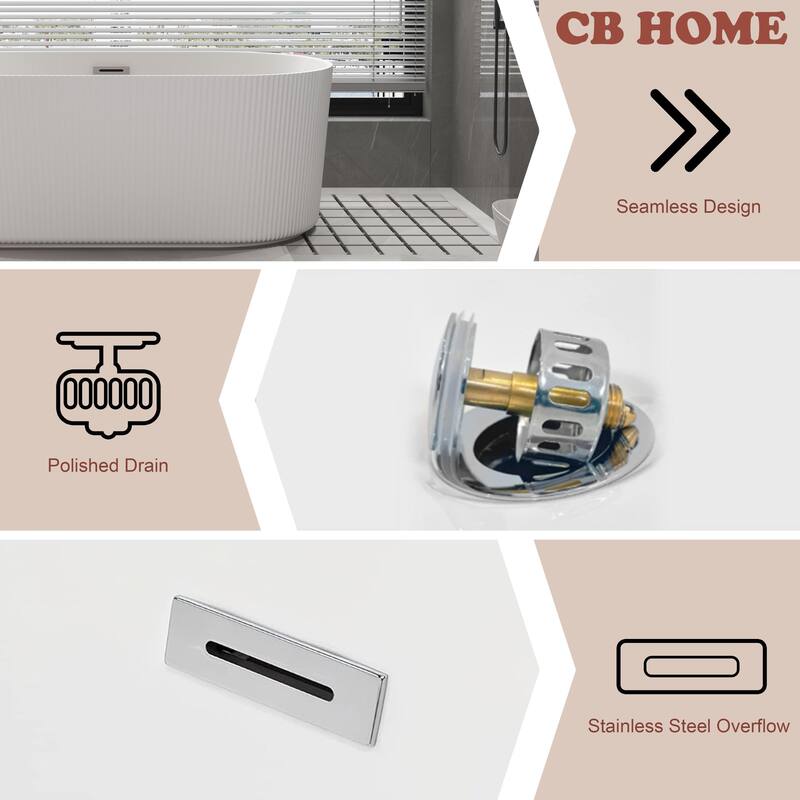 CB HOME 59"/67" Acrylic Freestanding Bathtub, Modern Deep Soaking Spa Bathtubs with Solid Surface