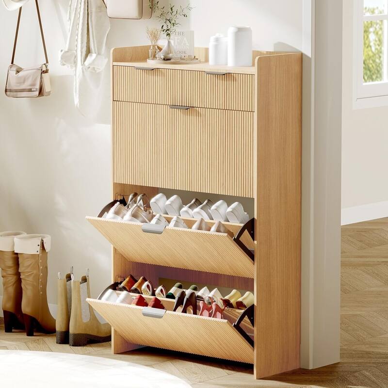 Slim Shoe Cabinet with 3 Flip Drawers & 2 Top Drawers - Natural