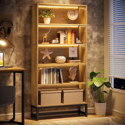 71" Tall Bookcase with LED Lights for Living Room, Bedroom (Brown)