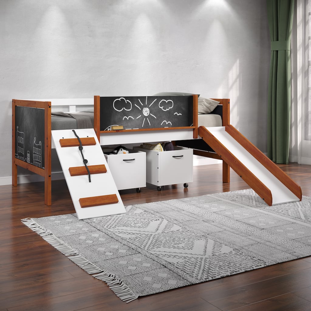 Twin size Wood Loft Bed with Slide and Chalkboard Panels