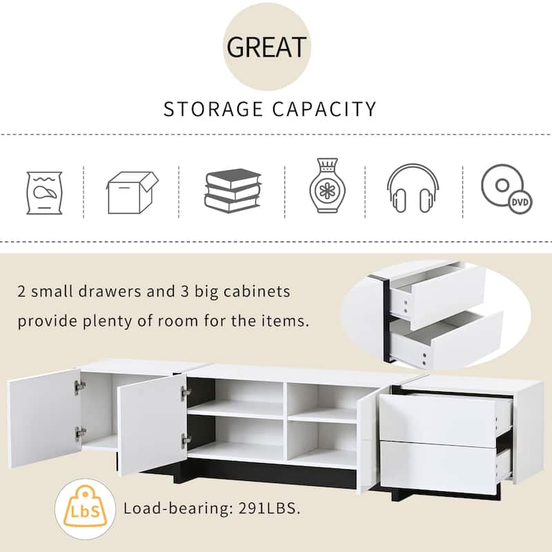 74.8" TV Stand with High Gloss UV Surface, 2 Small Drawers and 3 Big Cabinets for TVs Up to 80"