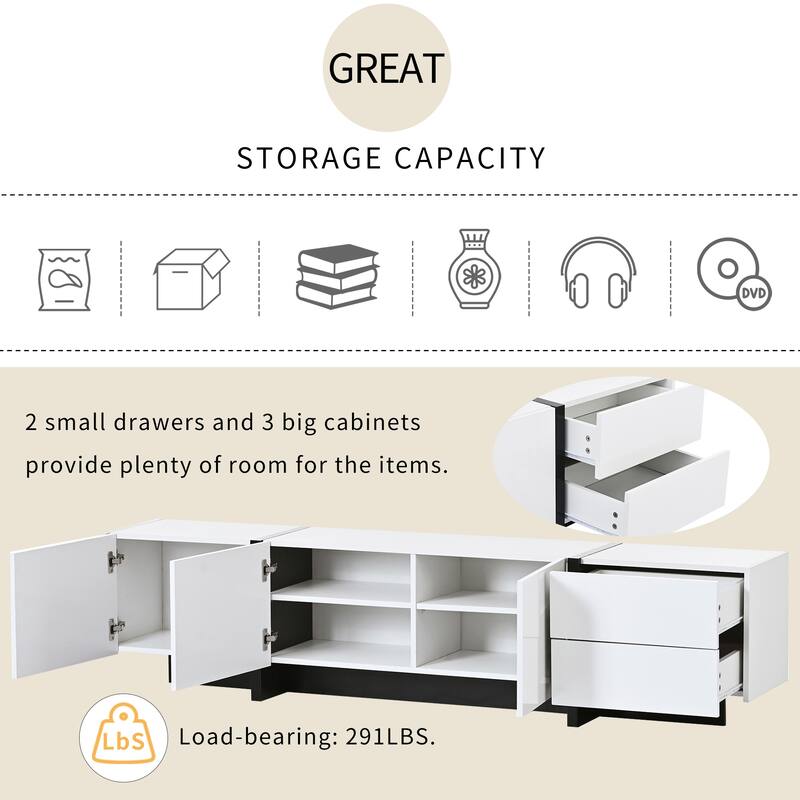 Modern TV Console for TVs Up to 80'', Contemporary Rectangle Design with 3 Cabinets & 2 Drawers, High Gloss Surface
