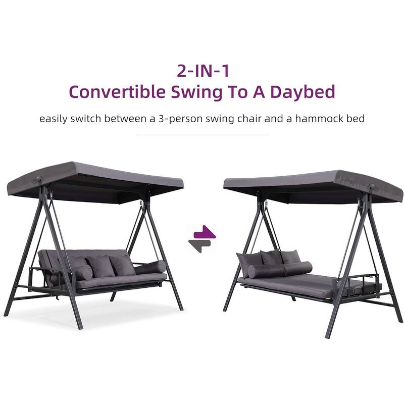PURPLE LEAF 3-seat Outdoor Patio Porch Swing Adjustable Backrest, Cushions and Pillow Included - N/A