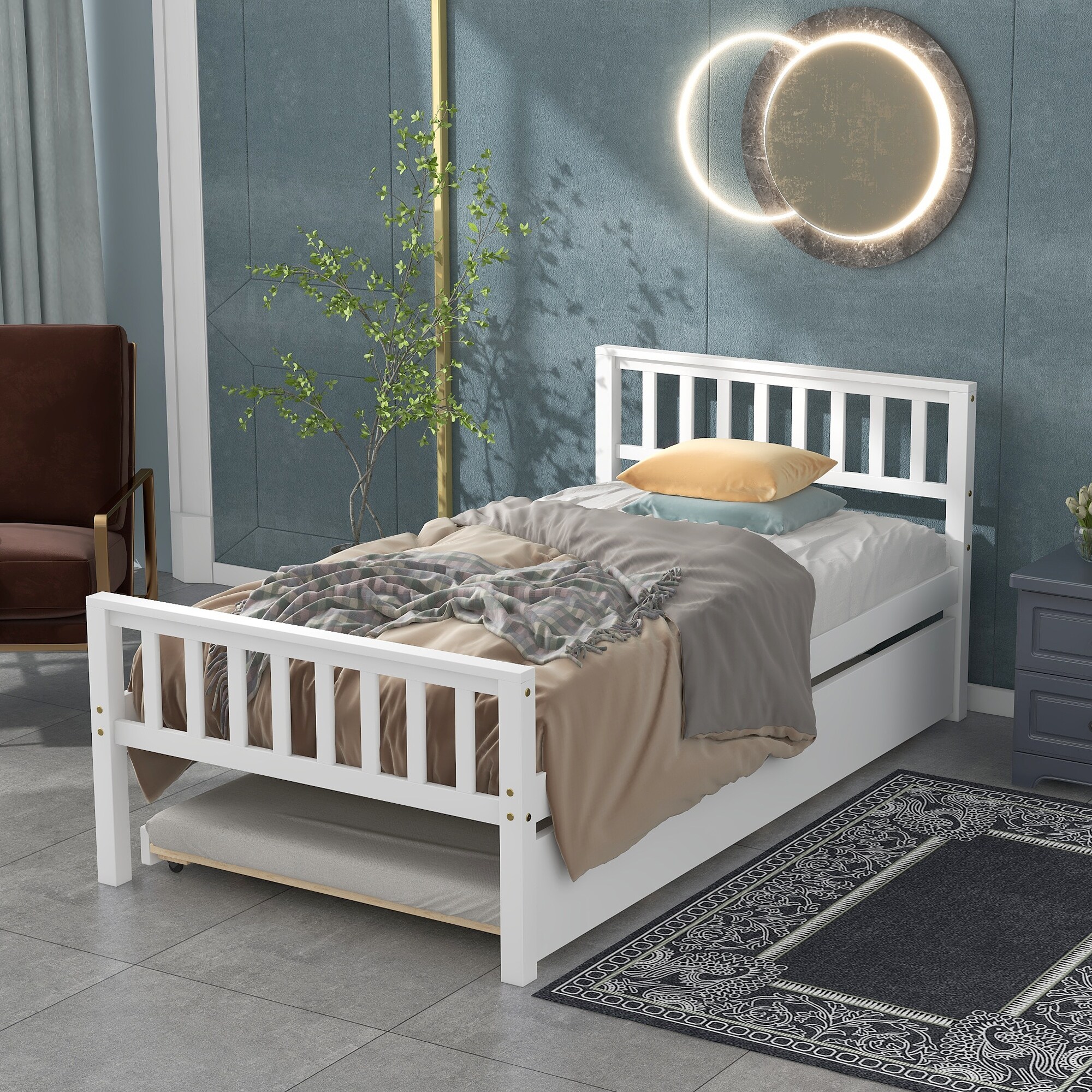 White wood twin bed with trundle hot sale