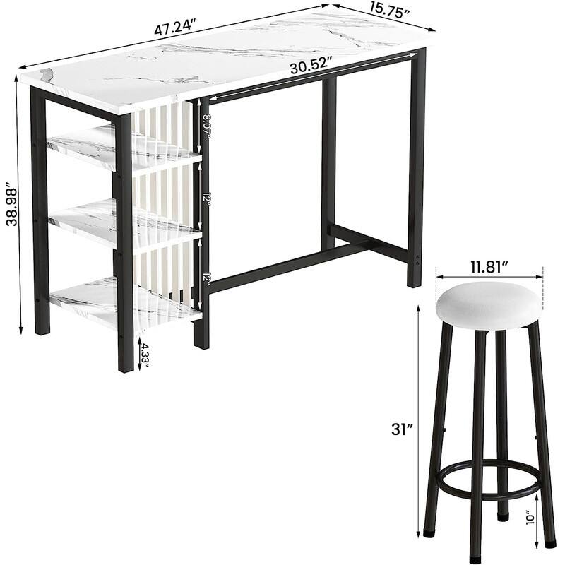 Grondin Modern Contemporary Faux Marble 3 Piece Bar Table Set with 2 Upholstered Stools and Extra Storage Shelves