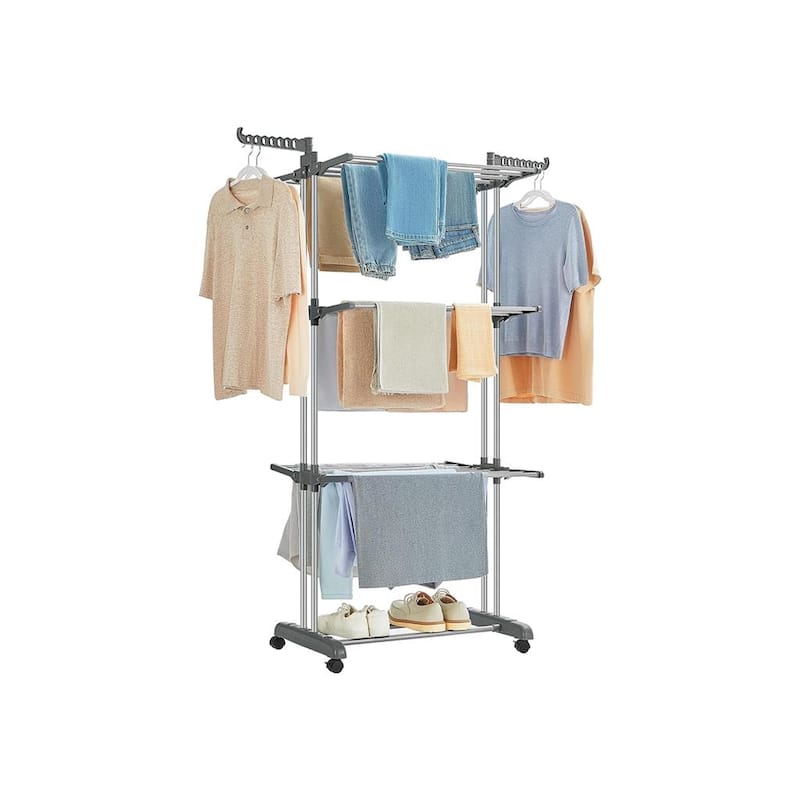 Steel Plastic 4-Tier Drying Rack with Wheels and Foldable Wings - 25"D x 50.4"W x 68.1"H - Grey