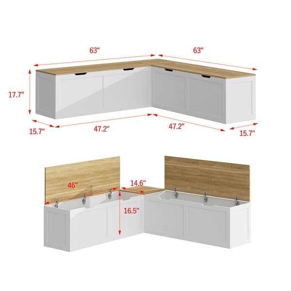 dimension image slide 1 of 2, L-Shaped Storage Bench with Lift-Top Seats and Wooden Top for Entryway