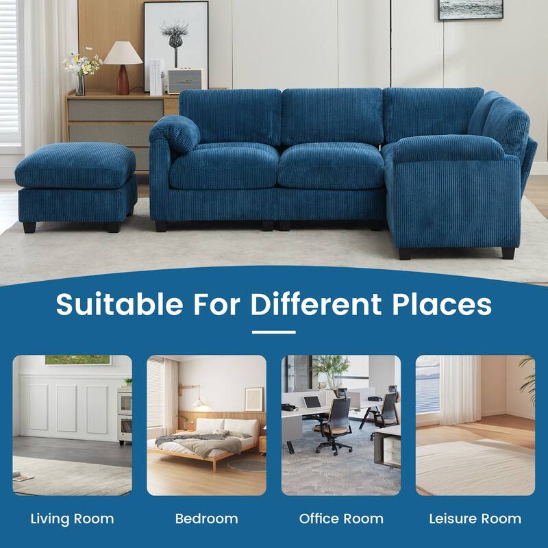 5-Seater Corduroy Sectional Sofa, Removable Ottoman, Modular Design