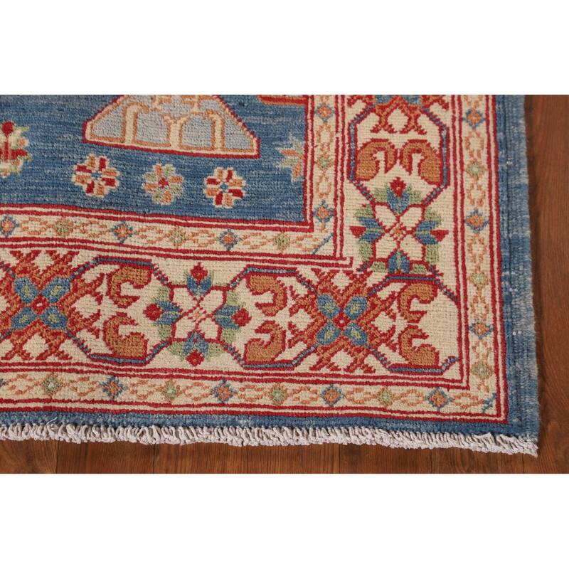 Blue Geometric Kazak Accent Rug Handmade Wool Carpet - 3'2"x 4'8"