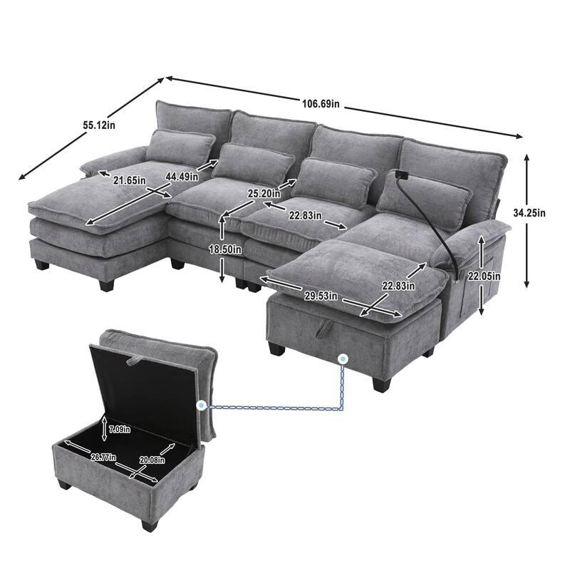 HOMEFUN Chenille Upholstered Oversized U-shaped Comfy Modular Sectional Sofa with Storage Ottoman