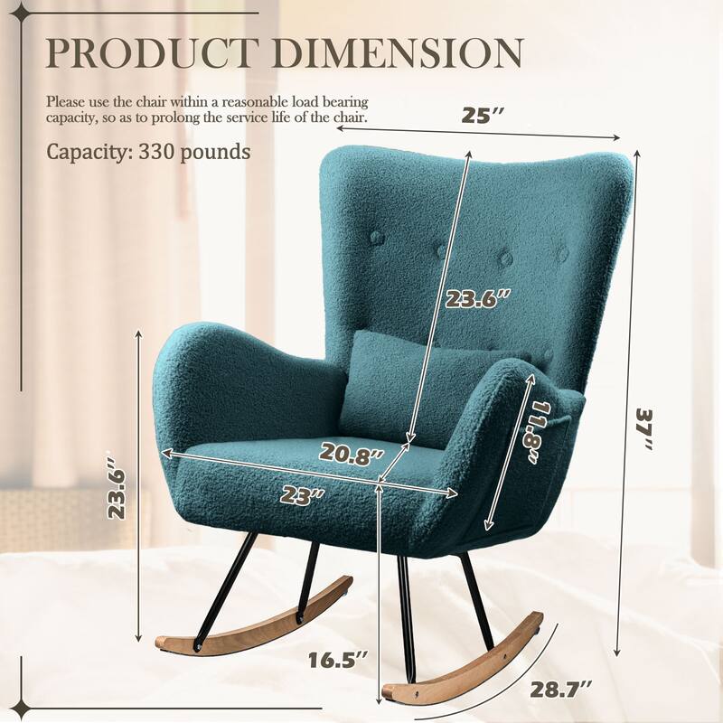 BOSSIN Teddy Fabric Nursery Rocking Chair with Side Pocket, High Backrest Accent Chair with Padded Seat and Headrest
