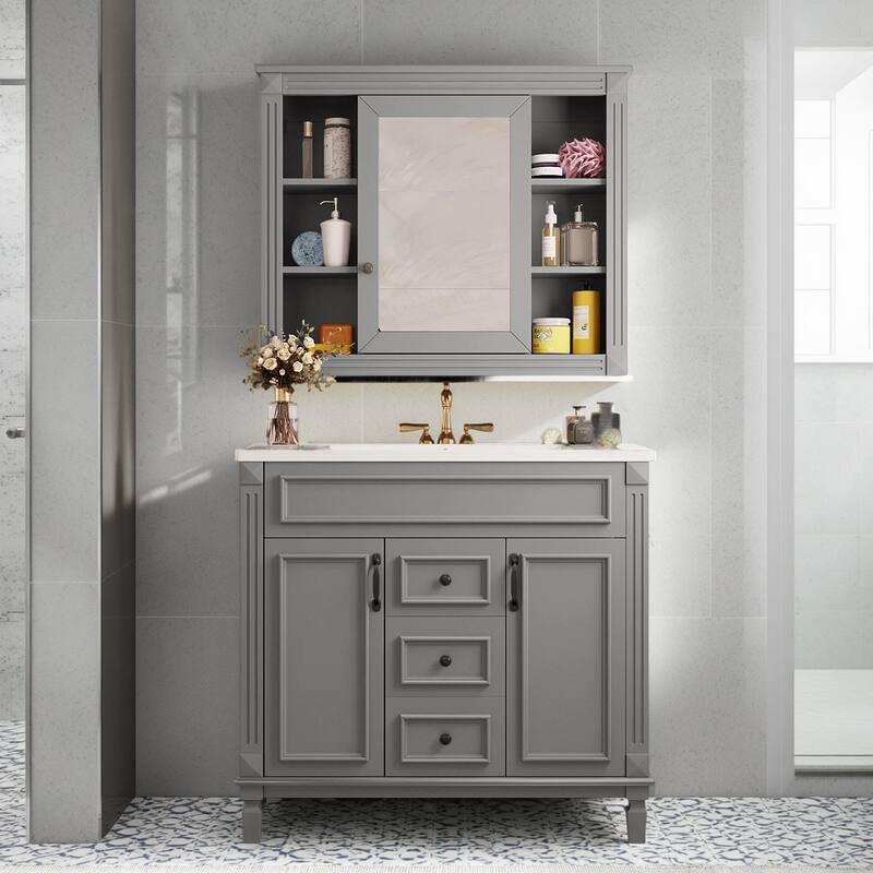 30" Ceramic Sink Bathroom Vanity with Gold Handles, Soft-Close Storage & Space-Saving Design - Grey