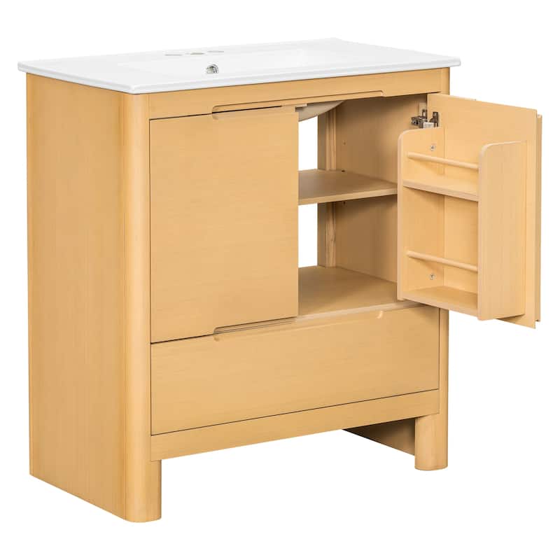 30" Modern Solid Wood Frame Bathroom Vanity Set with Ceramic Sink, Natural Wood Grain Cabinet & Soft-Close Doors