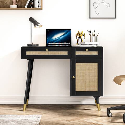 Anmytek Farmhouse Rattan 39.4 in Retangular Black/Gold Computer Writing Desk Home Office with 2 Drawers and Storage Cabinet