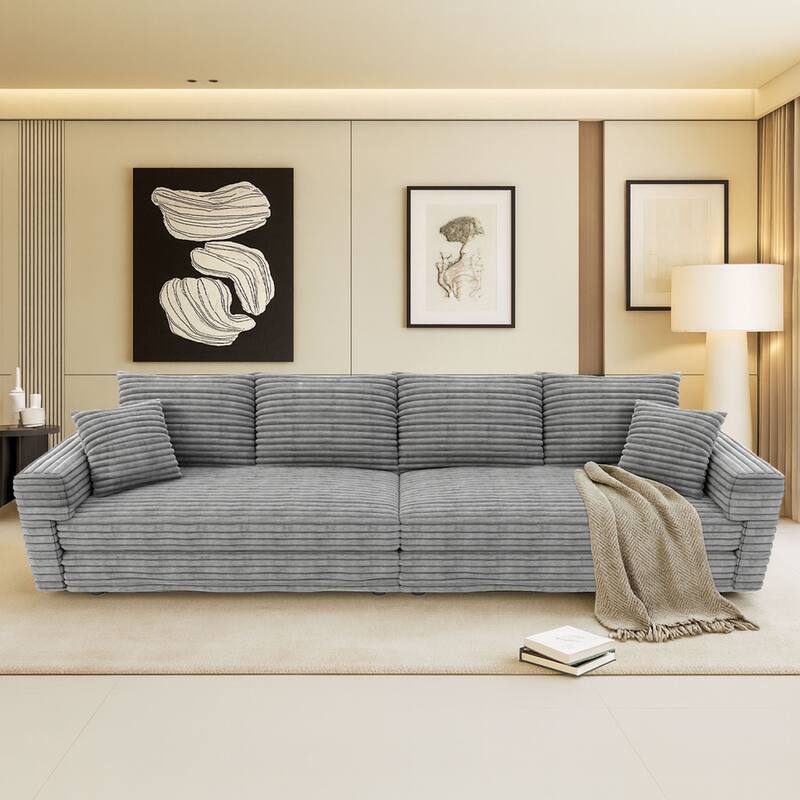 Modern Corduroy Fabric Upholstered Sofa Couch - Grey - 4-Seater