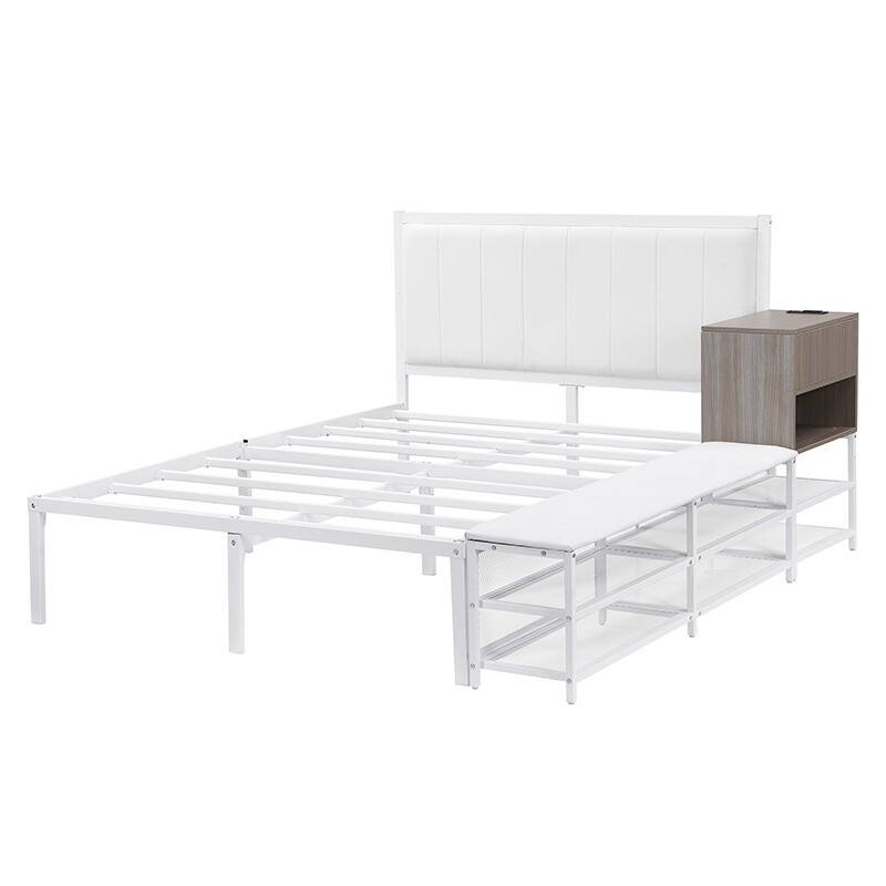 Modern Twin/Full Metal Bed Frame with Upholstered Top, Storage Shelves, and Wooden Cabinet