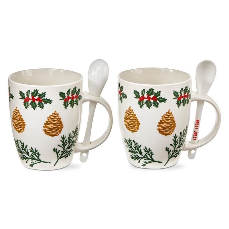 Pine Cone Sprig Mug with Spoon - 12oz Bone China Drinkware for Christmas, Dishwasher Safe, Multicolor, 5" H x 3.5" D