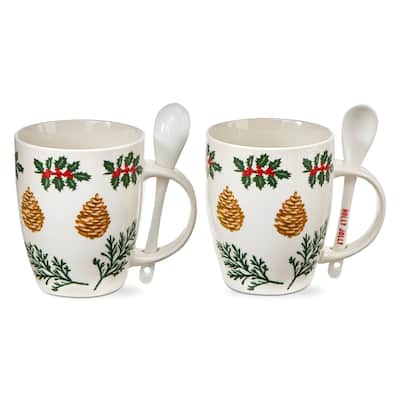 Pine Cone Sprig Mug with Spoon - 12oz Bone China Drinkware for Christmas, Dishwasher Safe, Multicolor, 5" H x 3.5" D