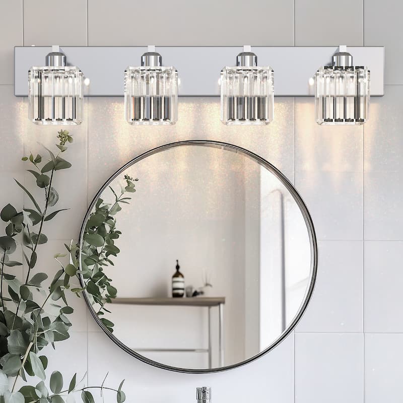 YANSUN 4-Light Vanity Light with Chrome Frame and Crystal Shades for Bathroom or Vanity
