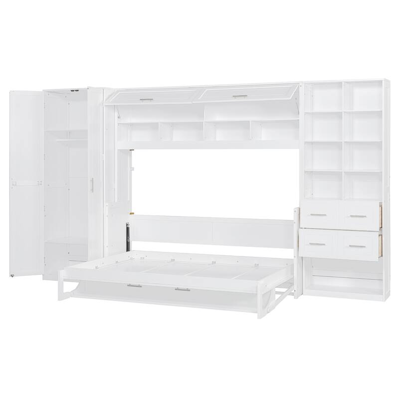 Full Size Murphy Bed Wall Bed with Closet, Drawers and Shelves, White