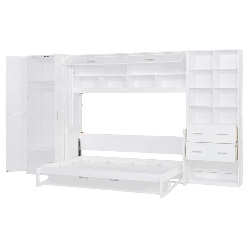 Large Wall Cabinet Storage Murphy Bed Convertible Study Table with Side Bookcase, Closet, Flip Top Storage Cabinet and Drawers