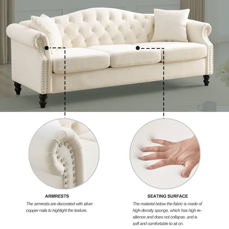 [Video] 79" Chesterfield Sofa Grey Velvet for Living Room, 3 Seater Sofa Tufted Couch with Rolled Arms and Nailhead for Living R