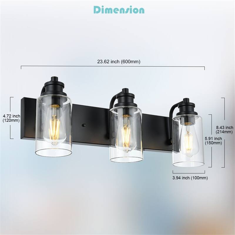 3-Light Industrial Black Vanity Light with Clear Glass Shades