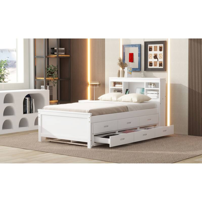 Wooden Platform Bed w/Trundle & 3 Drawers Headboard Charging Station