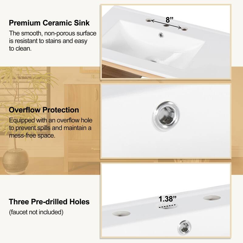 36" Wood Bathroom Vanity with Solid Wood Frame, 2 Soft Close Doors, 4Soft Close Drawers, Adjustable Shelf