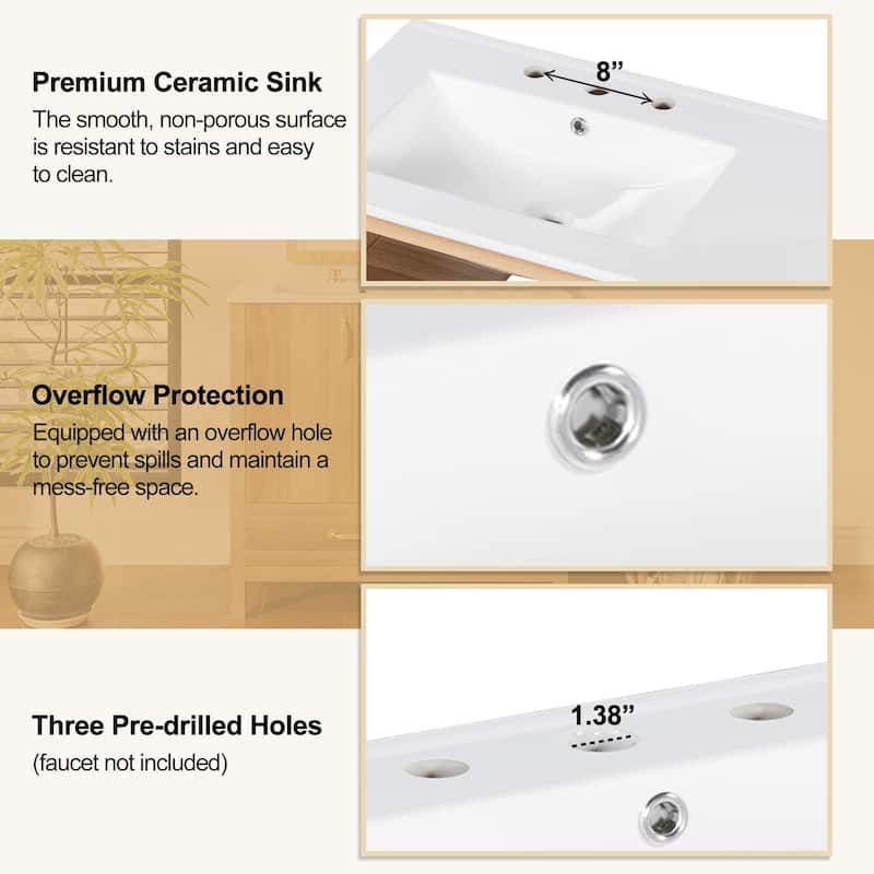 GDFStudio - Verto Wood & Ceramic 36" Bathroom Vanity with Sink, 2 Soft-Close Doors & Shelf