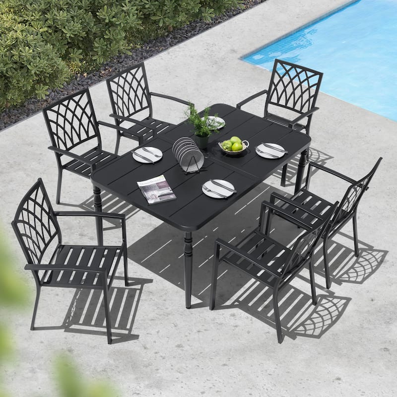 Patio Metal Dining Set with 6 Stackable Chairs and Umbrella Hole, Black
