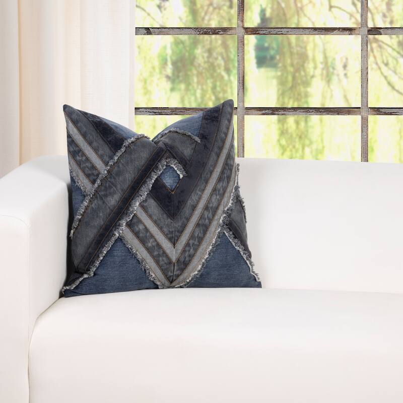 Vintage Washed Denim Throw Pillow with Removable Cover - Geometric Denim & Velvet