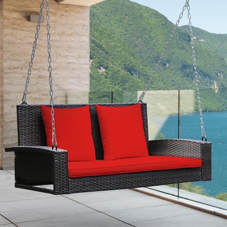 2-Person Wicker Hanging Porch Swing with 2 Back Cushions and 1 Seat Cushion - 50" x 22" x 20.5" (L x W x H)