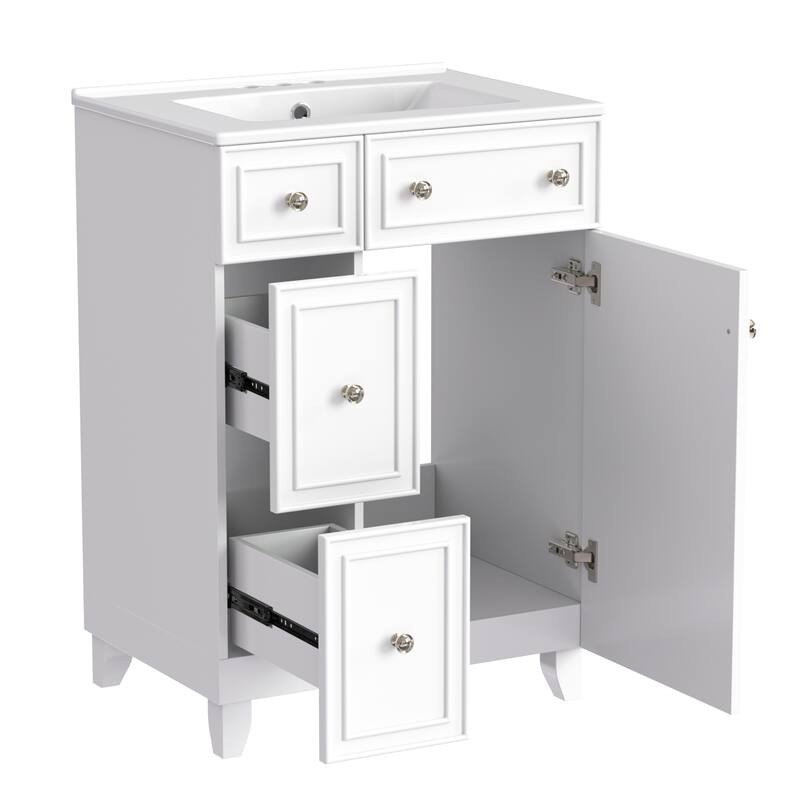 24" Bathroom Vanity Cabinet with Ceramic Sink, 2 Drawers & Door, White