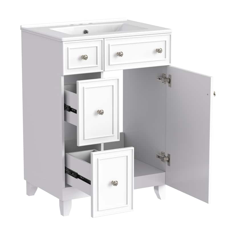 GDFStudio - Luna Wood & Ceramic 24" Bathroom Vanity Cabinet with Drawers & Door
